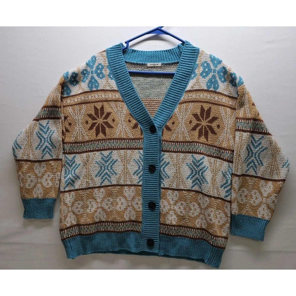 Sunday Up OS Knit Button Front Cardigan Sweater Geometric Retro Grannycore